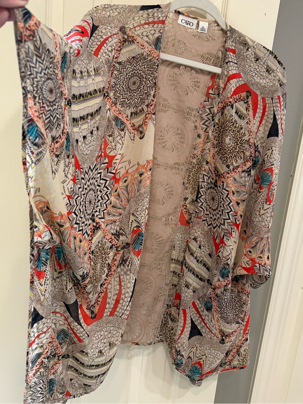 Southwestern Design Cato Open-Front Kimono in Neutral, Coral, Brown, Turquoise - Picture 5 of 7
